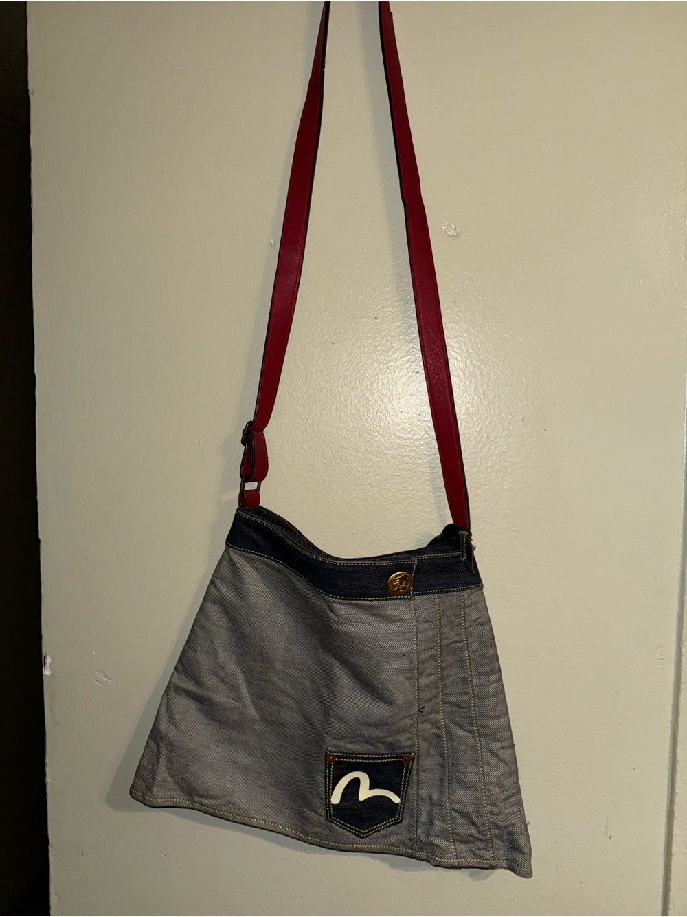 Evisu gray Denim Crossbody Skirt Bag with Red Strap